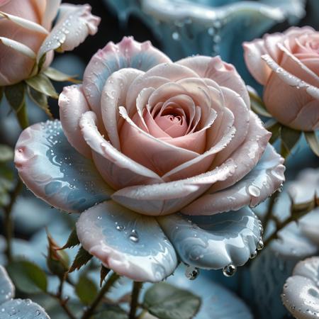 Liquid Marble, pale pink rose with pale blue highlights, detailed, dew, bokeh, depth of field, close-up, bee, ultrarealistic