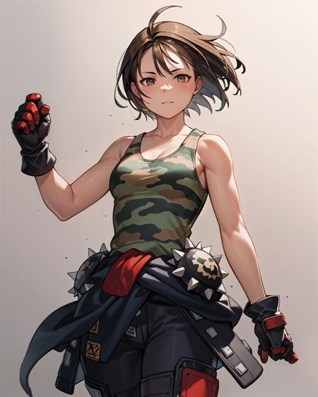 akirams, gloves, tank top, camouflage, clothes around waist, pants, helmet, knee pads, bare shoulders, spikes, biker clothes