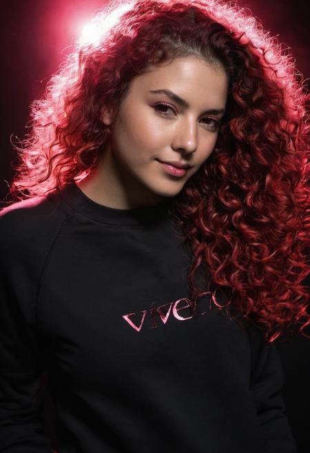 21yo DV_Manuela_Vicious ((Black Theme, Black backdrop:1.4)) (Close-Up Shot, headshot:1.4) (red long curls :1.4)wearing (Black sweatshirt :1.4) 35mm, F/2.8 ((Photo Focus, DOF, Aperture, insanely detailed and intricate, character, hypermaximalist, elegant, ornate, beautiful, exotic, revealing, appealing, attractive, amative, hyper realistic, super detailed, heresy flares)) (smiling at viewer:1.3)(volumetric pink smoke:1.3) (pink lens flare:1.2)(sharpness:1.3)(details:1.3)