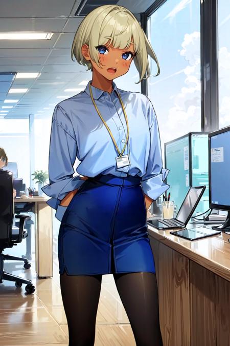 shinjin-chan dark skin, dark-skinned female, blonde hair, short hair, bob hair, blunt bangs, blue eyes