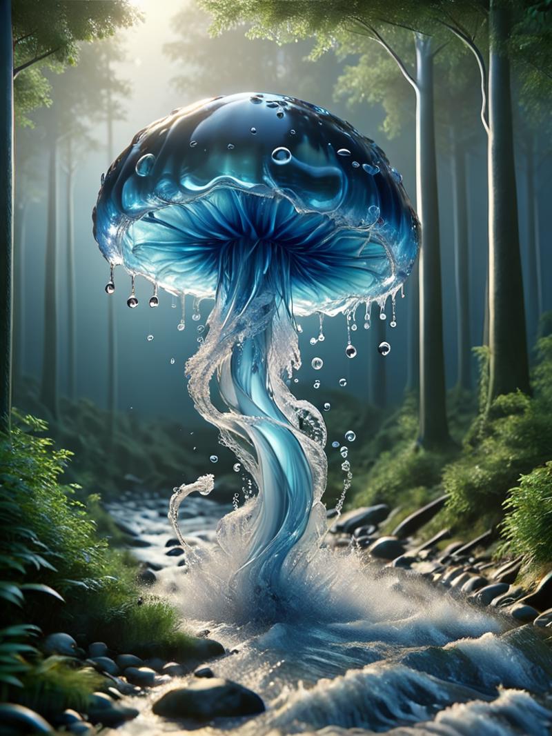A beautifully detailed image of a mushroom with water droplets underneath it, set in a forest scene.