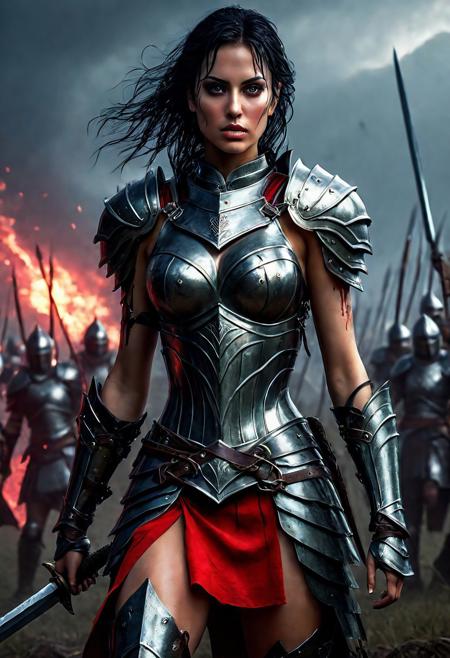 Ultra detailed digital art masterpiece beautiful Brett Cooper as Warrior girl dressed in a iron Armor and red mini skirt, Standing on a battlefield at the head of an army of knights, where a bloody slaughter is taking place, standing in battle pose, a dark epic fantasy, perfect lighting, beautiful Warrior girl, attractive woman, elegant, beautiful woman of athletic body, epic shot of the whole Warrior girl, unreal engine 5 nanite quality, dark fantasy, dark environment, very stormy day, LOTR style, dark washed out eyeliner, no make up, natural bloody pale face, realistic brown eyes, ultra detailed atmospheric details, beautiful glowing effects, sparkle effects, realistic body proportions, beautiful face proportions, complex masterpiece, wavy raven black hair, creative glowing detailed tattoos, complex physics, enhanced colors, complimentary colors, ultra detailed raytracing reflections, Ultra detailed complex background, environment feels alive, direct eye contact, dramatic lighting, wet and sweaty skin, beautiful firm Breasts, Daylight, Concept art by Greg Rutkowski, adding to the intense and dynamic atmosphere of the scene.