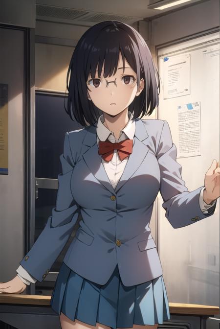 anrisonohara, <lora:anri sonohara s1-lora-nochekaiser:1>,
anri sonohara, short hair, black hair, (brown eyes:1.3), glasses, bob cut,
BREAK skirt, school uniform, shirt, white shirt, collared shirt, blazer, blue blazer, bow, red bow, blue skirt,
BREAK indoors, classroom,
BREAK looking at viewer, (cowboy shot:1.5),
BREAK <lyco:GoodHands-beta2:1>, (masterpiece:1.2), best quality, high resolution, unity 8k wallpaper, (illustration:0.8), (beautiful detailed eyes:1.6), extremely detailed face, perfect lighting, extremely detailed CG, (perfect hands, perfect anatomy),