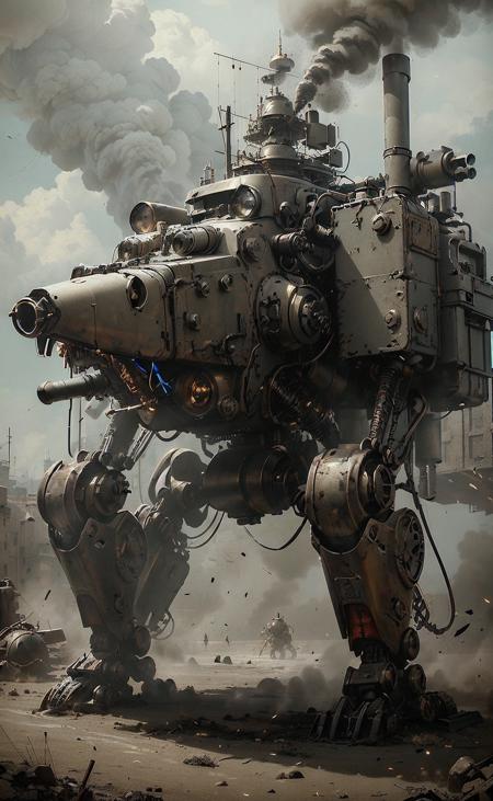 (masterpiece,top quality,best quality,official art,beautiful and aesthetic:1.2), battle mech, 
steampunk, <lora:SteamPunkMachineryv2:0.6><lora:decolorization:1.3>, decolorization,<lora:epiNoiseoffset_v2:1>