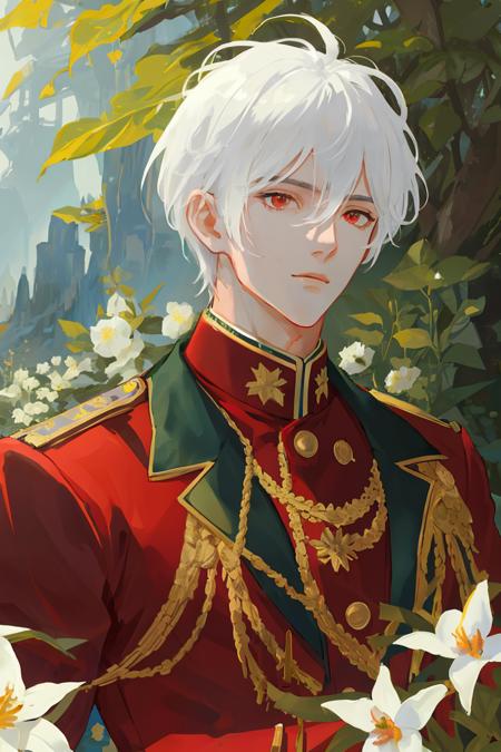 ((masterpiece:1.2, best quality)), 1man, adult, mature, tall muscular guy, white hair, red eyes, (handsome:1.4), red suit, fantasy, uniform, Forest, flowers blooming, Sunlight, Fantastic light and shadow, Scenery, extremely detailed face, portrait