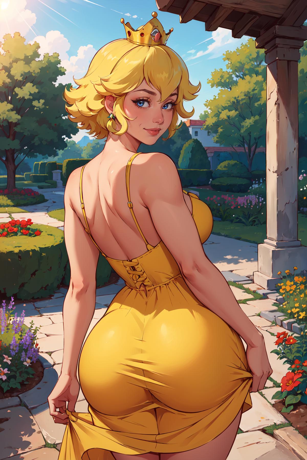 A Cartoon Illustration of a Blonde Woman in a Yellow Dress Standing in a Garden.