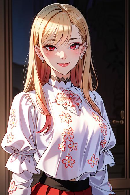 ((Masterpiece, best quality)),edgQuality,smirk,smug, <lora:MarinKitagawa:0.65>gradient blonde hair color, piercings, choker,red eyes,
edgCT, a woman in a blouse, and a skirt,wearing edgCT,chic top,crop top,puffy sleeves,(floral embroidery)
<lora:edgChicTops1:1>