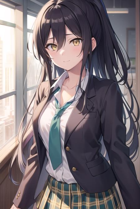 sakuyashirase, <lora:sakuyashirase-lora-nochekaiser:1>,
sakuya shirase, black hair, hair between eyes, long hair, ponytail, (yellow eyes:1.5),
BREAK collarbone, green necktie, green skirt, necktie, open collar, plaid, plaid skirt, pleated skirt, school uniform, shirt, skirt, white shirt,
BREAK looking at viewer, full body,
BREAK indoors, classroom,
BREAK <lyco:GoodHands-beta2:1>, (masterpiece:1.2), best quality, high resolution, unity 8k wallpaper, (illustration:0.8), (beautiful detailed eyes:1.6), extremely detailed face, perfect lighting, extremely detailed CG, (perfect hands, perfect anatomy),