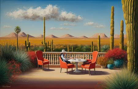 (style of Josh Adamski:1.05), a painting,scene painting,scenery, terrace ,arboretum ,estate ,hacienda , Desert ,