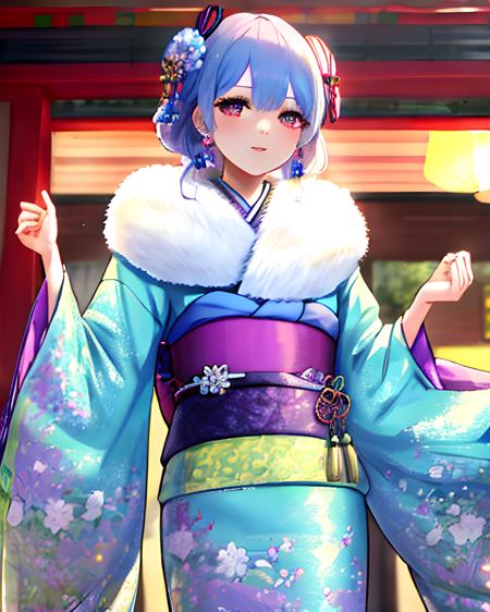 woman wearing furifur kimono, waist up, iridescent colors, multicolored pastel hair, sweet perfume fragrance, detailed pastel glass archway, serene, patterned clothes, extremely detailed clothing, featured on pixiv, masterpiece, highest quality, 8k