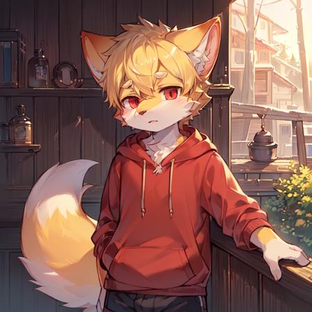 solo,1boy,anthro,furry_male,fox_boy,(red_fur:1.3),(detailed_fluffy_fur),(intricate_detail_fluffy_fur),tuft,(body_fur:1.2),oil_skin,(skin_with_fluffy_fur),tail,short_hair,red_eyes,blonde_hair,shorts,hoodie,upper_body_close-up,cowbow_shot,half-closed_eyes,expressionless,heavy_breathing,looking_at_viewer.
(Cozy_Childhood_Hideaway:1.5),night,(detailed_background,amazing_background),outdoors,scenery.