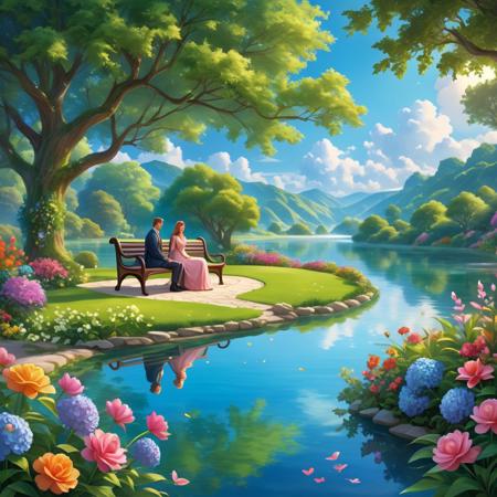 A serene, timeless landscape of a beautiful garden with a flowing river, where time seems to stand still. A couple sits on a bench by the water, holding hands and enjoying the tranquility. The background features vibrant flowers, lush greenery, and a clear, blue sky, symbolizing eternal moments.
Whimsical and dreamlike composition, enchanting styles, surrealism, fantasy, poetic and imaginative, playful and intricate patterns, ethereal and symbolic narratives, harmonious blend, visual storytelling and emotional resonance, exploration of the subconscious, reflection on the beauty of the unseen.