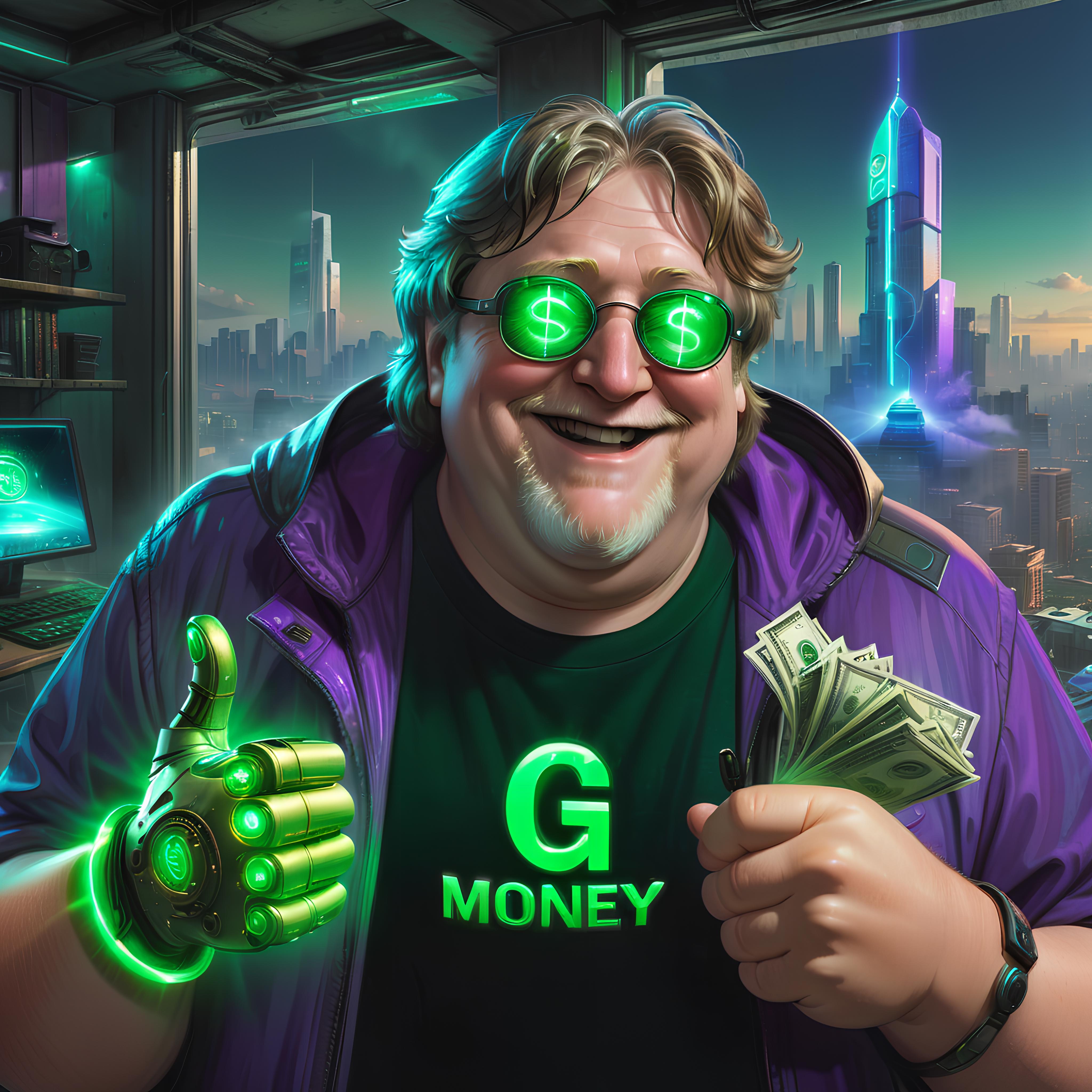 A cartoon character wearing a green shirt and sunglasses, holding money and giving a thumbs up.