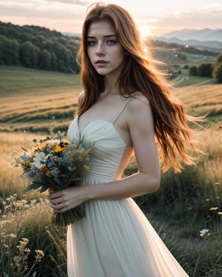 amateur photograph
occsan
(wearing a flowy white dress and holding a bouquet of wildflowers, walks gracefully across a picturesque meadow, surrounded by rolling hills and a golden sunset in the distance. The soft, natural light creates a serene atmosphere, emphasizing Occsan's peaceful presence.:1.4)
huge breasts
perky breasts
hanging breasts <lora:hanging_breasts:1> 
<lora:weight_slider:-.5>
slim, thin, small waist
(beautiful skin), (beautiful eyes), cellulite, (detailed skin, skin blemish:1.2)
<lora:microwaistV05:.5>
<lora:lora_perfecteyes_v1_from_v1_160:1>
24mm, soft cinematic light, RAW photo, intricate, elegant, highly detailed, sharp focus, ((((cinematic look)))), soothing tones, insane details, hyperdetailed, low contrast, exposure blend, hdr, faded, shot on Canon Ae-1, taken on an old-school 35mm film, (analog photography), shadow, f1.4, Iso 800 grain, ultra high res, Best quality, masterpiece, ((color image)), intimate, drop shadow, clear background, (best quality:1.2), (highly detailed:1.1)
<lora:more_details:.5>