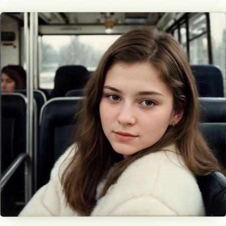 Realistic portrayal of a 20-year-old Russian girl sitting on a bus, gazing distractedly at the camera. Capture the essence of a Polaroid photo with an old-school, 90s vibe. The scene should include film grain to give the impression of being taken from a phone, set in a realistic bus environment. This should be executed in a photorealistic style by artists known for their lifelike and detailed works, such as Johannes Vermeer, Gustave Courbet, and Jan van Eyck, featuring cinematic composition, trending on artstation.
á
