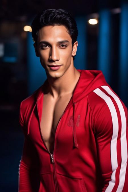 michael trevino a man <lora:Vedang-Raina_Michael-Trevino:0.75>, realistic photo in a worn ((red tracksuit, massive hairy pecs)), ((light bokeh)), intricate, (steel metal [rust]), elegant,  exuding sexual energy, sharp focus, photo by greg rutkowski, soft lighting, vibrant colors, (masterpiece), ((streets)), (detailed face), looking at viewer, light smile, night, walking towards viewer, cinematic lighting, beautiful lighting, cinematic lighting, (hazy filter, film grain:1.2)