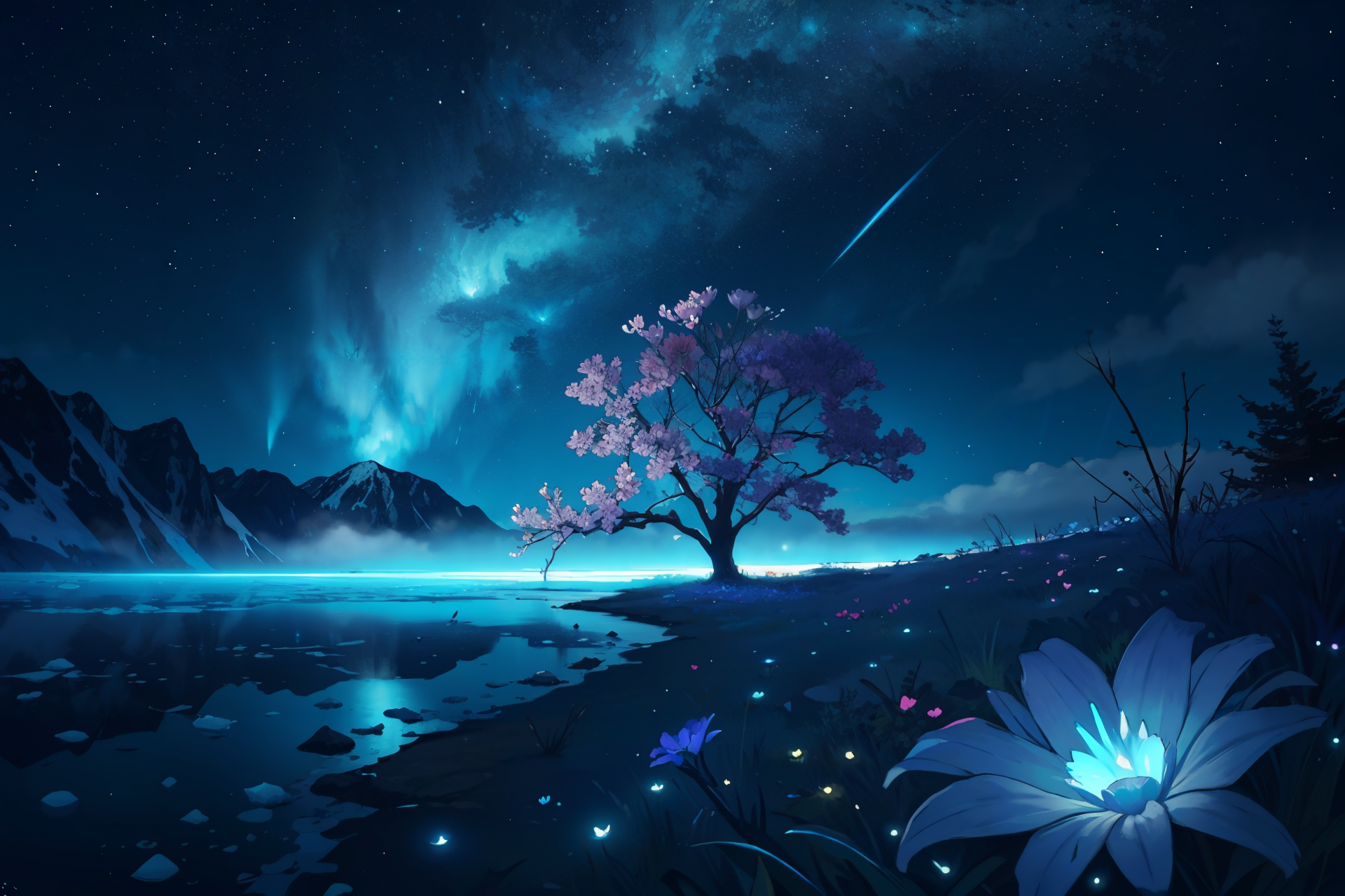 masterpiece, best quality, bioluminescence, icy, flowers, fog, lone tree, night sky