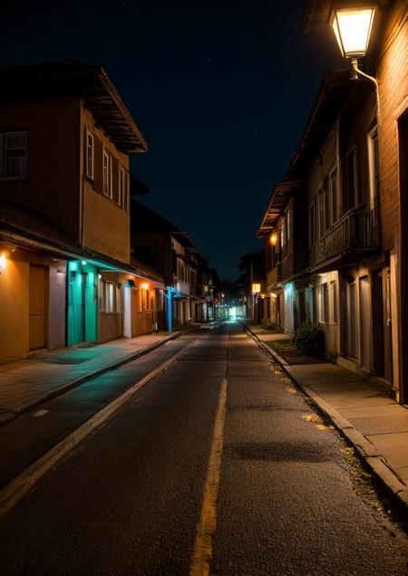 brown trashcans by the side of the road, suburban street, low bungalow houses, city skyline in background, best quality, photograph, professional photography, nighttime, dark street, lit by street lamps, long exposure, <lora:add_detail:1>, deep focus, sharp focus
