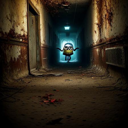 RAW photo, minion at the end of hallway, looking at viewer, 8k uhd, dslr, soft lighting, high quality, film grain, Fujifilm XT3, Masterpiece, photorealistic, rotten abandoned hospital, looking down hall way,