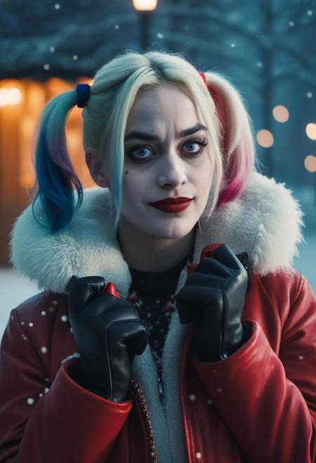 high quality, cinematic, 1girl, Harley Quinn, festive winter, very calmly mood, portrait