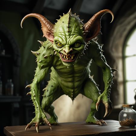 highly detailed documentary photo of quasit,

claws, feet, fangs, ((full body)), green eyes, green skin, horns, open mouth, ((standing on a table)), best quality,  

medieval parlor,

masterpiece, best quality:1.1, 

ultra photoreal,
photorealistic:1.0, 
sharp focus:1.1, 
depth of field:1.1, 
(edge lighting:1.2),
(shadow play:1.2),

50mm, style of Nathan Wirth, Hasselblad X1D II, Porta 160,
