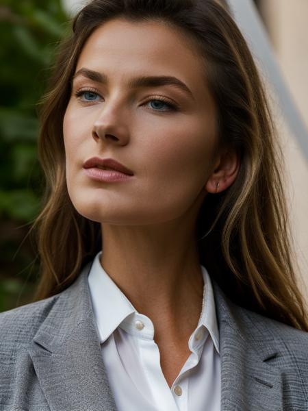 A beautiful p4ul1n4p woman,  1girl,solo,long hair,blue eyes,blonde hair,shirt,closed mouth,jacket,white shirt,upper body,necktie,collared shirt,lips,looking to the side,looking away,formal,suit,blue necktie,realistic,grey jacket,nose,soft lighting, professional Photography, Photorealistic, detailed, RAW, analog, sharp focus, 8k, HD, high quality, masterpiece<lora:p4ul1n4p:1.0>