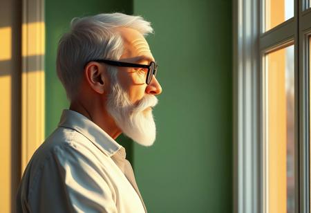 A highly detailed, semi-realistic 3D digital illustration, side, full body view of a dignified and wise writer standing next to a window, looking outside and contemplating. His short white hair is combed back from his forehead, revealing a slightly receding hairline. A neatly groomed white beard, sideburns, and mustache frame his chiseled, narrow face with a strong jawline and prominent cheekbones. Thick, arched eyebrows sit above round, black-framed glasses on his sharp, narrow nose. His pale, healthy skin shows fine lines that reflect his experiences, with a slight rosiness in his cheeks. He wears a cozy, informal white shirt, adding to the serene atmosphere of the room, bathed in the golden hour light. The reflective mood, walls painted in light green.