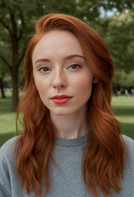 <lora:JuggerCineXL2:0.8>  raw photo, raw picture, realism, realistic style, a photo \(medium\) of katiekones \(subject\), wearing acute outfit for me \(wardrobe\), in the park \(background\), looking off camera, red hair, thin lips, facial skin fuzz, body freckles, full body, portrait, highres, best quality, full sharp, 4 k photography, real <lora:katiekones_v1:1>, detailed skin texture, (blush:0.5), (goosebumps:0.5), subsurface scattering, RAW candid cinema, 16mm, color graded portra 400 film, remarkable color, ultra realistic, textured skin, remarkable detailed pupils, realistic dull skin noise, visible skin detail, skin fuzz, dry skin, shot with cinematic camera