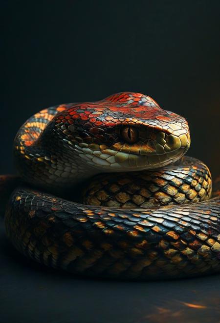 apture a photo-realistic image of a snake with dragon horns, no legs, adorned with black scales featuring intricate red and gold patterning. The snake should have colorful, beautiful eyes and be depicted in a dynamic full-body pose. Utilize cinematic lighting with Rembrandt lighting techniques to create depth and drama in the image. Incorporate volumetric lighting to enhance the atmosphere around the snake. The photograph should be taken with an aperture of F/2.8 to create a shallow depth of field and focus attention on the subject. Ensure maximum detail and ultra-realism in the rendering. The snake should be centered in the frame, commanding attention and exuding beauty and majesty. The overall composition should be visually captivating and show, ((Antro)), ((furry)),ase the intricate details of the snake's scales and horns.
(Dramatic Lighting, Photography, 3D Illustration, Vibrant Colors, Exquisite Detail, Award Winning, Stunning)  <lora:MJ52:0.5> epiCPhoto