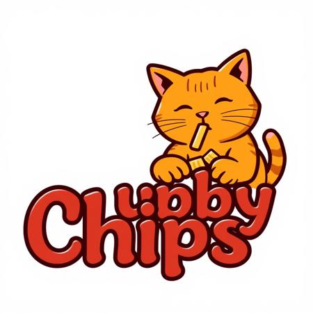 Logo "Chubby" in orange and "Chips" in maroon written together, to the left of text is a chubby ginger cat eating chips, 4 colors, whimsical font, whimsical