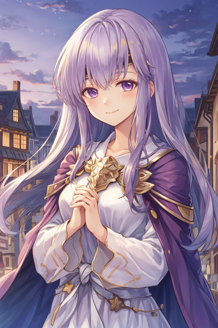 masterpiece, best quality, julia fe,  <lora:Julia_FE-10:1>, 1girl, solo, long hair, looking at viewer, smile, (town scenery), long sleeves, dress, closed mouth, upper body, wide sleeves, cape, own hands together, circlet