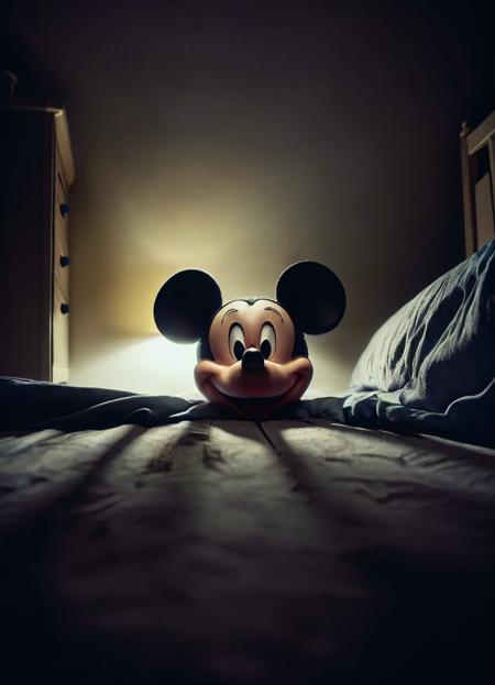<lora:ral-ertmsphr:0.65> ral-ertmsphr,  Mickey Mouse under the bed, glowing Eyes, at night