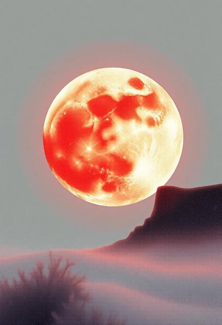 surreal and minimalism illustration, bynoell oszvald ,a shining full moon withfrosted glass texture, red ,gold, white