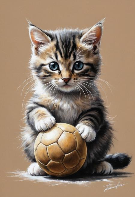 #pastel, #dry chalk drawing, #chalk on paper, #chalk shading, #chalk drawing, #tinted paper, #colored chalk drawing, #chalk shading, #chalk drawing, cat playing with ball, white background, style of Frank Frazetta