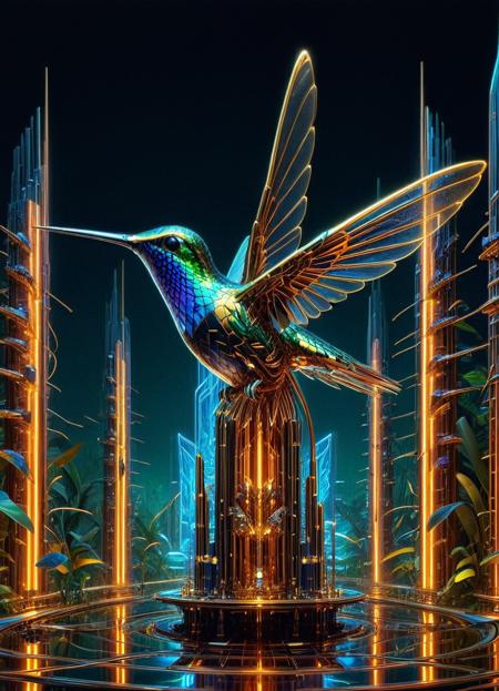qu4ntum style, a (metallic Hummingbird-Drone hybrid) hovering, tiny bird, wings beating with visible quantum energy trails, sleek aerodynamic design, capturing nectar from a data-flower within a dense, neon-drenched jungle of data cables and server towers, futuristic landscape background, style of Syd Mead, cinematic