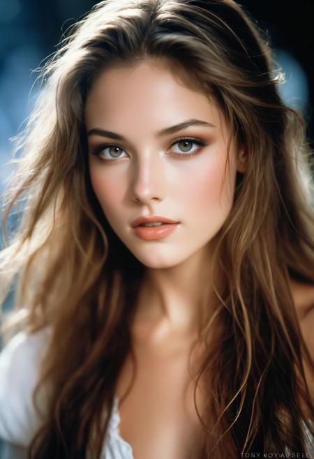 romantic facial portrait of the most beautiful glamour model ever, prim 20 year old woman, elegant long hair, highlights, (realistic skin details:1.2), blurry and out of focus in the background the washed-out colors of Cascade Saint Maurin and Pirates of the Caribbean as mere faint lights, photography by tony kelly and (george hoyningen-huene:0.7), cirque du' soleil meets edenic paradise, (face focus:1.2), award-winning avant-garde composition, sense of depth, blurry background, f1, blurry foregound, kodak portra photography, incredibly lifelike, subtle emergence of hedonsim, castaway survivor, (sexualized:0.2), (large breasts:0.3), vignette, romanticized, dramatic elegance, timeless beauty standard