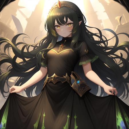 <lora:Limbus-04:0.9>, <lora:Gavial-04:0.8>, 1girl, solo, limbus, gavial, yellow eyes, beautiful eyes, long hair, messy hair, strigh bangs, black hair, ((long green princess dress)), wearing long royal dress, good hand, school background, dynamic pose,