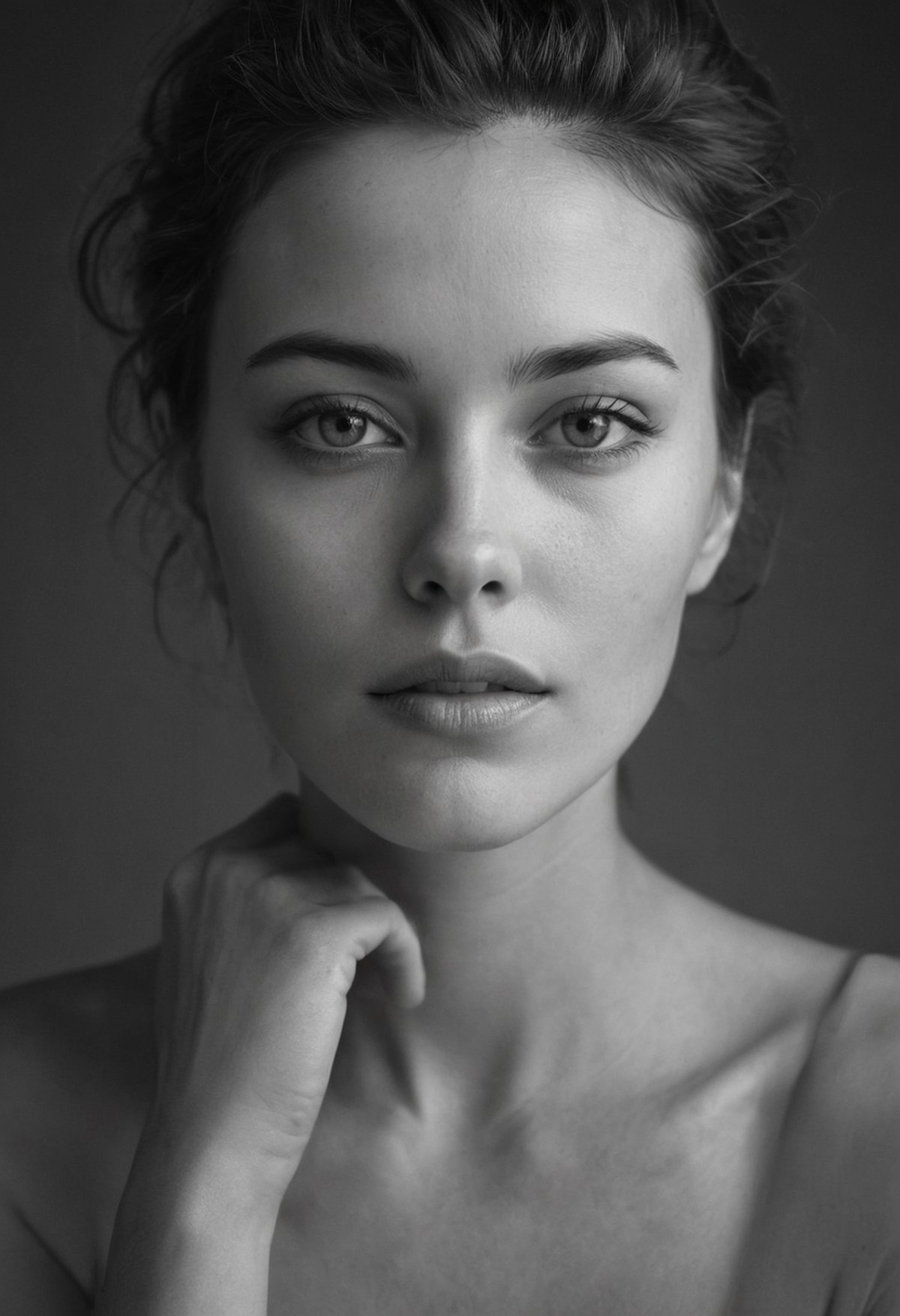 A dramatic black-and-white portrait of a woman gazing intently into the camera, inspired by Richard Avedon's style. High c...
