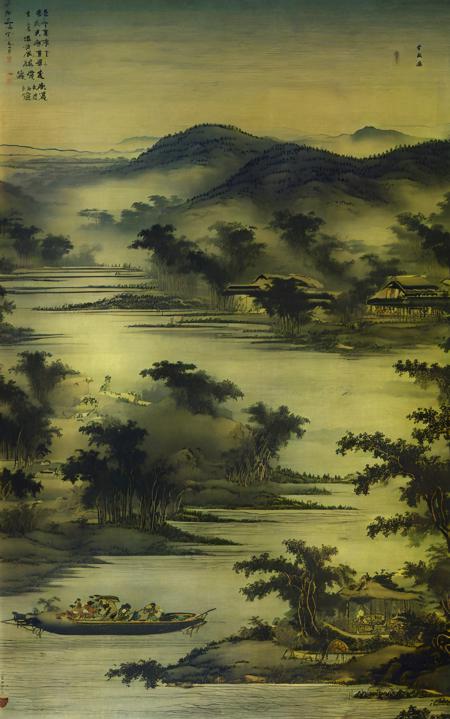 guchen,boat,watercraft,scenery,tree,traditional media,outdoors,mountain,no humans,water,river,<lora:Chinese painting-000005:1>,