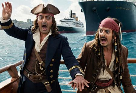 2 men taking a selfie , Johnny Depp dressed as Captain Jack Sparrow & 
Rowan Atkinson dressed as Mr Bean on the board of a sinking ship, in the background you can see the sailors yelling and screaming , realistic, complementary colors . octane render, highly detailed, volumetric, dramatic lighting