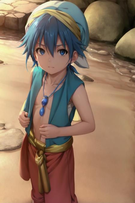 magi_aladdin blue hair turban flute blue vest one single braid