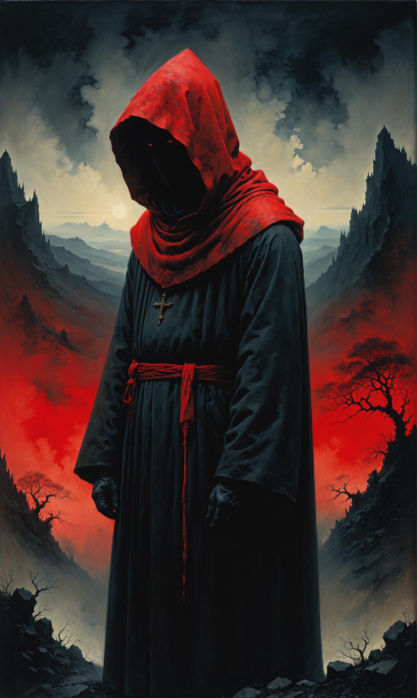 A Monk in Red Robes: A Dark and Dramatic Painting