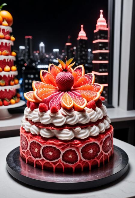 8k analog photo, unmanned, a whole cake, cake made of blood orange Coral, whipcream, strawberry, on table, digital scanlines, night city scape from window blurry background,
