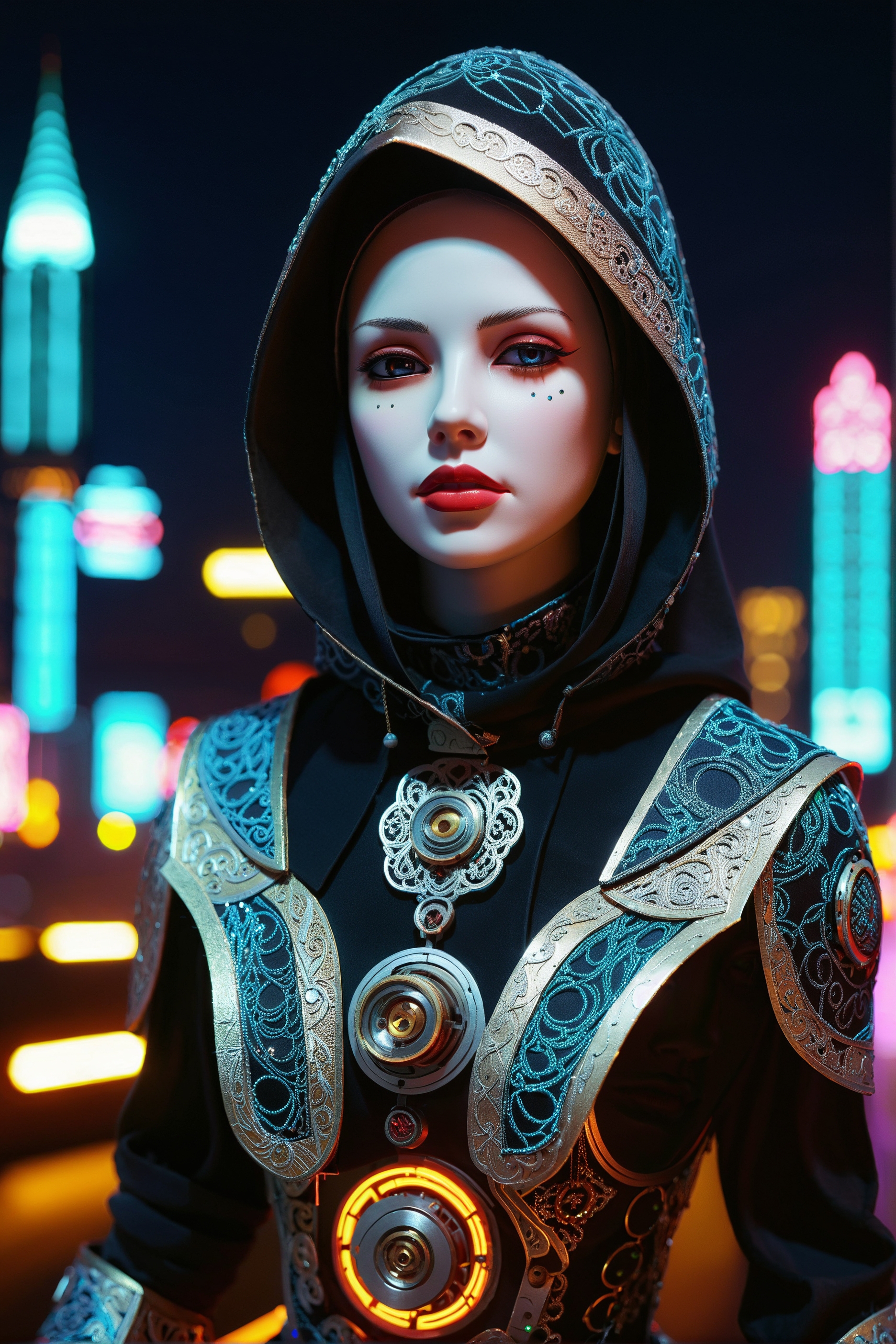 Bewitching Intellectual (Female Automaton:1.2) , crying, wearing Hood with Western patterns, Chad in background, Neon cityscape, behance, Beautifully Lit