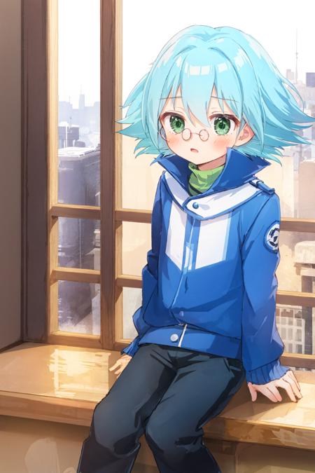 1boy, child, marufujisho, blue hair, short hair, bangs, green eyes, circular glasses, blue jacket, pants, embarrassed, blush, sitting, city <lora:marufuji_sho:1>