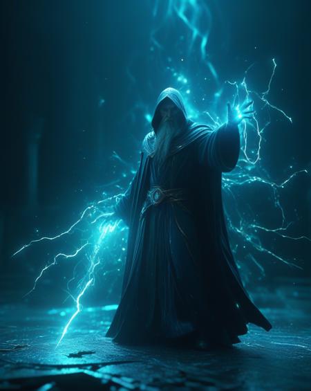 stablishing shot,powerful wizard,deep cyan and dark Color Scheme,cinematic, ethereal glow,lightning sparkles,fluid shapes,evocative,High Resolution