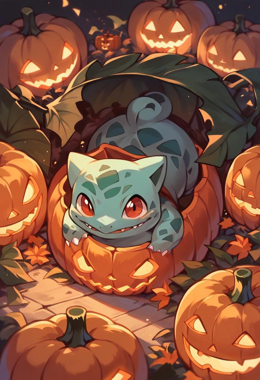 score_9, score_8_up, score_7_up, score_6_up, score_5_up,   <lora:halloweenpokemonXLP:0.7> halloween pokemon, no humans, jack-o'-lantern, (bulbasaur:1)