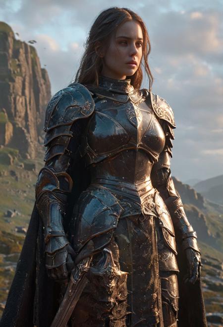 A stunning dynamic pose, feminine knight, underboob, exposed midriff, navel, medium breasts, 2handed sword highly detailed dark fantasy, she walks in mountain, big gems in each shoulder and chest, goddess, dark HKStyle armor, cracked armor, cracked, crystal, photorealist, A stunning highly detailed dark fantasy full body illustration of a proud warrior wearing intricate medieval HKStyle armor, cape, light glooming eyes, very wide shoulders, wearing big gauntlets, epic composition. The warrior stands heroic with a flowing cloak, The scene depicts her with brooding emotional agony, with insanely intricate details and textures, gloomy dramatic lighting, 8K resolution