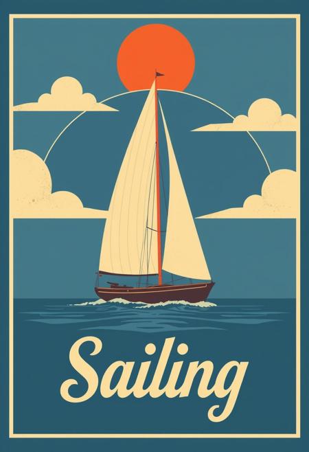 graphical art, sailboat, poster design, text "Sailing", vintage retro style, art deco, travel poster, sailing,