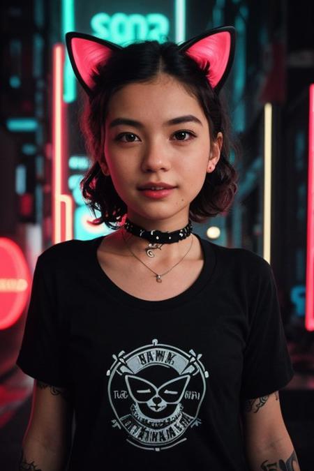 (analog photo:1.1), (a punk catgirl:1.15), (cat ears:1.1), brown short curly hair, (black t-shirt:1.15), (20 years old, young:1.2), petite, (pubic hair:1.1), choker, cream eyeliner, european, cozy bedroom, (neon glow, cyberpunk:1.2), waves, warm colors, (inviting expression:1.05), RAW Photograph, dslr, soft lighting, high quality, film grain, Fujifilm XT3, (nsfw:1.1), insane details, masterpiece, 8k, 35mm photograph, dslr, kodachrome, vignette, vintage, Kodachrome, Lomography, stained, highly detailed, found footage